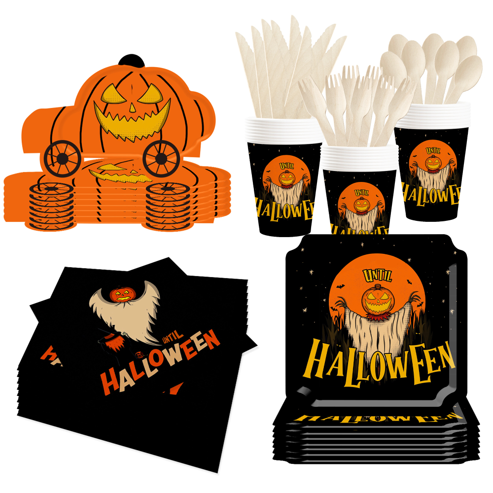 DAMAI Ghost Pumpkin Head and Pumpkin Truck Theme Paper Plates Cups and Napkins for Halloween Supply