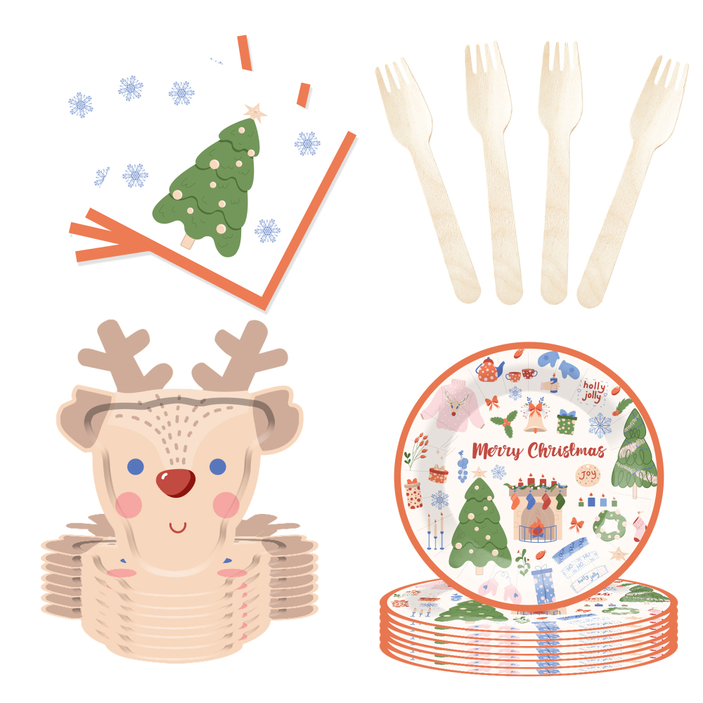 DAMAI New Deer and Christmas Tree Paper Plate and Cup Set for Disposable Paper Plates and Cups for Christmas Party Supply