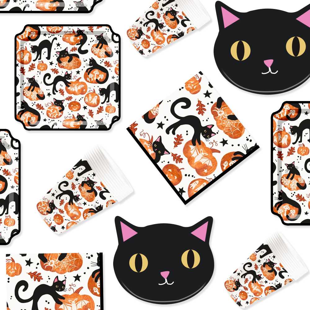 DAMAI New Black cat and Pumpkin Paper Plate Theme Disposable Paper Plates and Cups for Halloween Party Supply