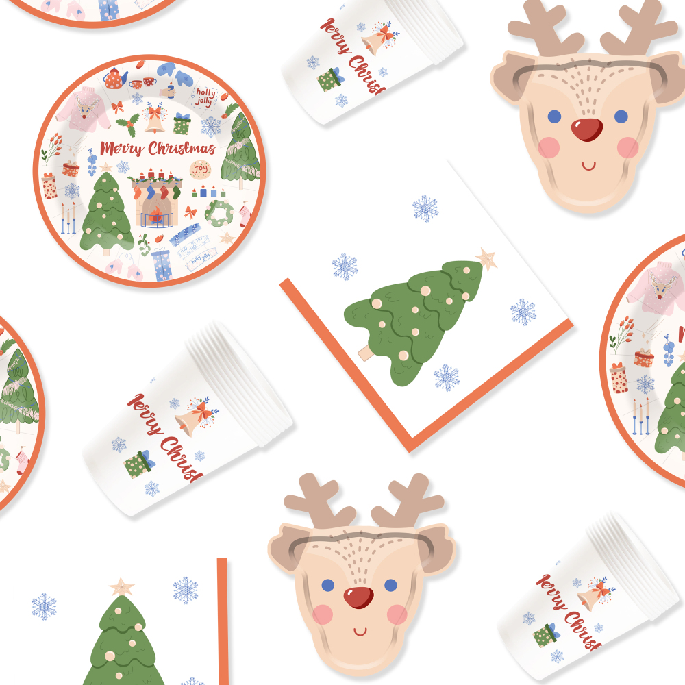 DAMAI New Deer and Christmas Tree Paper Plate and Cup Set for Disposable Paper Plates and Cups for Christmas Party Supply
