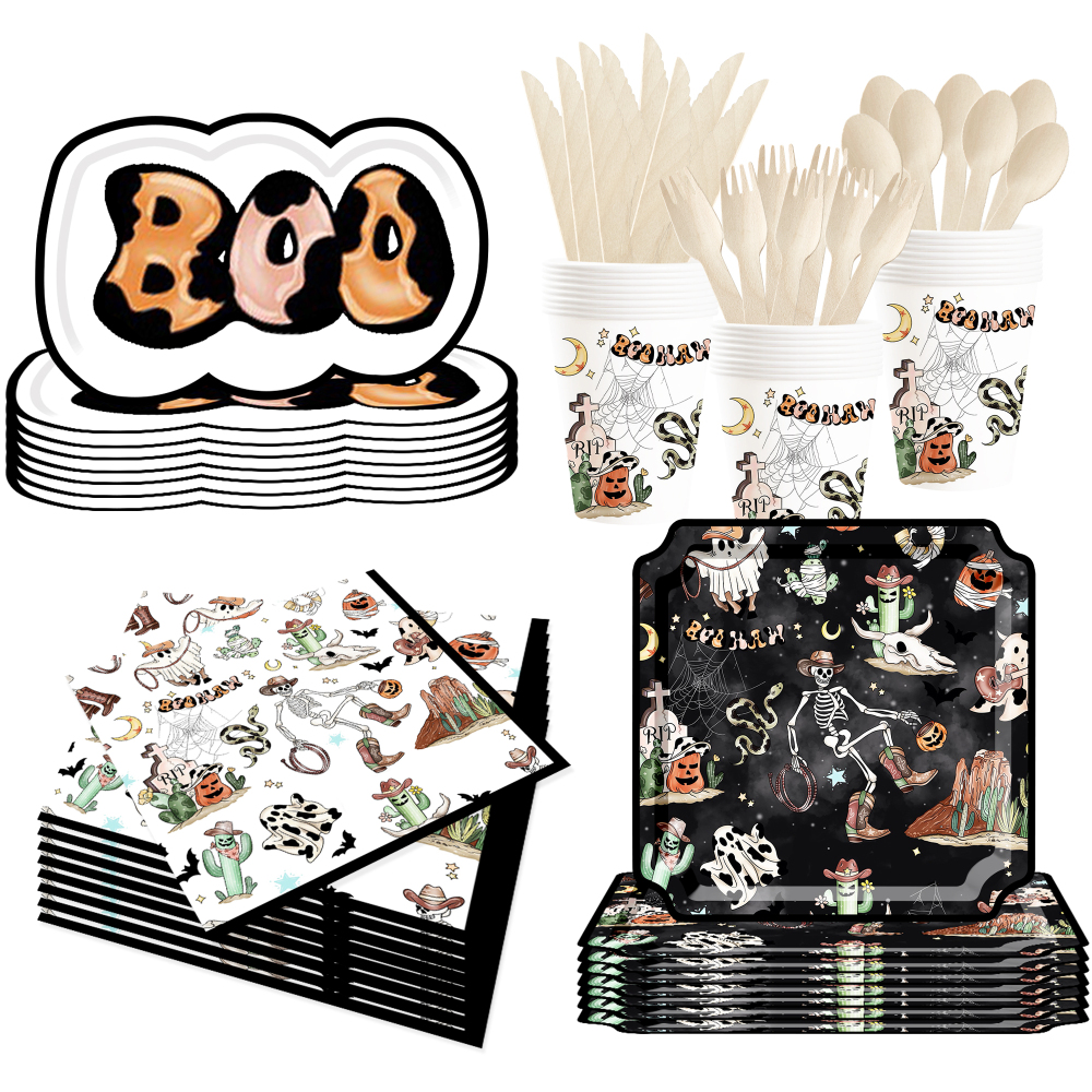 DAMAI New Style Denim-themed Skull Square Paper Plate and Cup Set for Halloween Party Supply