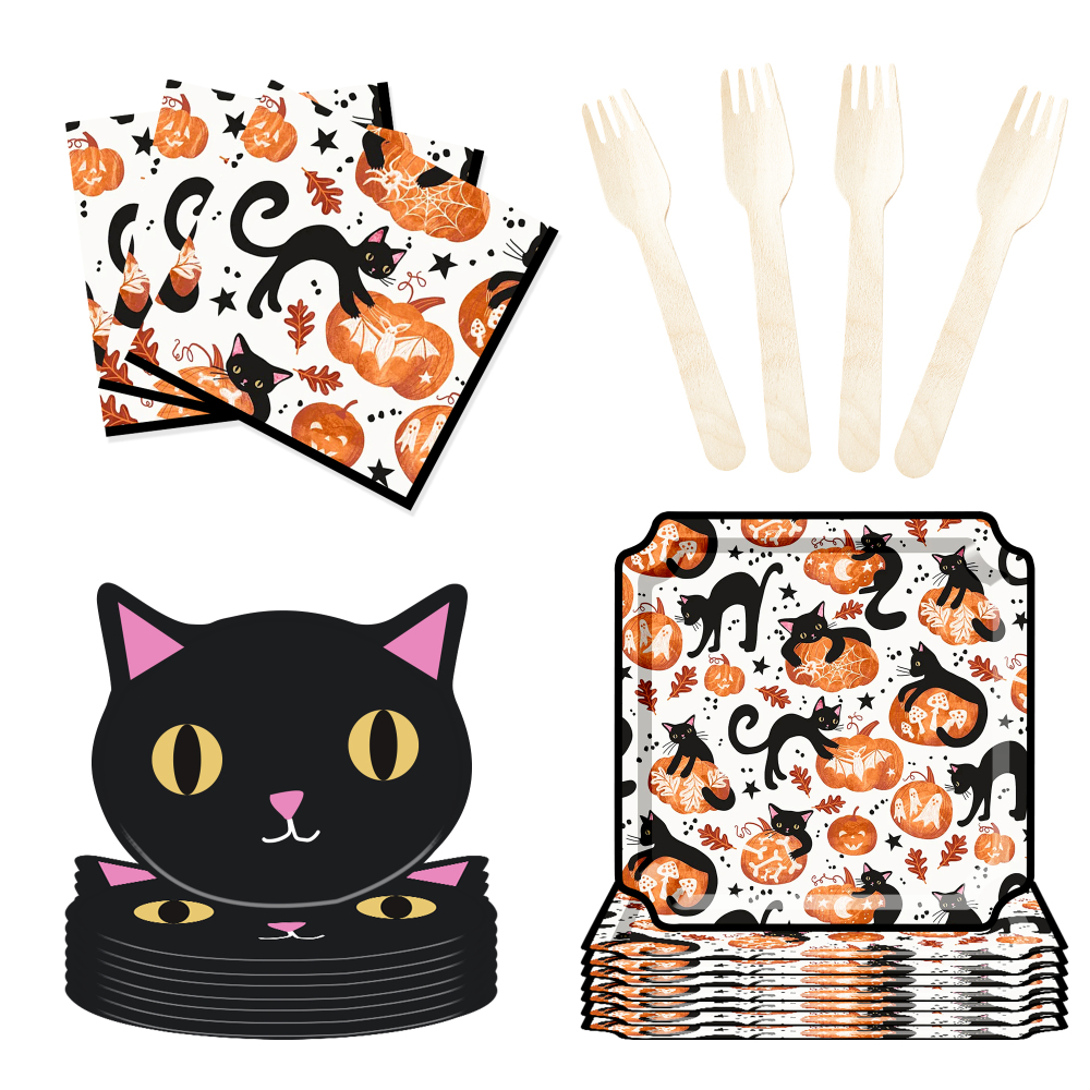 DAMAI New Black cat and Pumpkin Paper Plate Theme Disposable Paper Plates and Cups for Halloween Party Supply