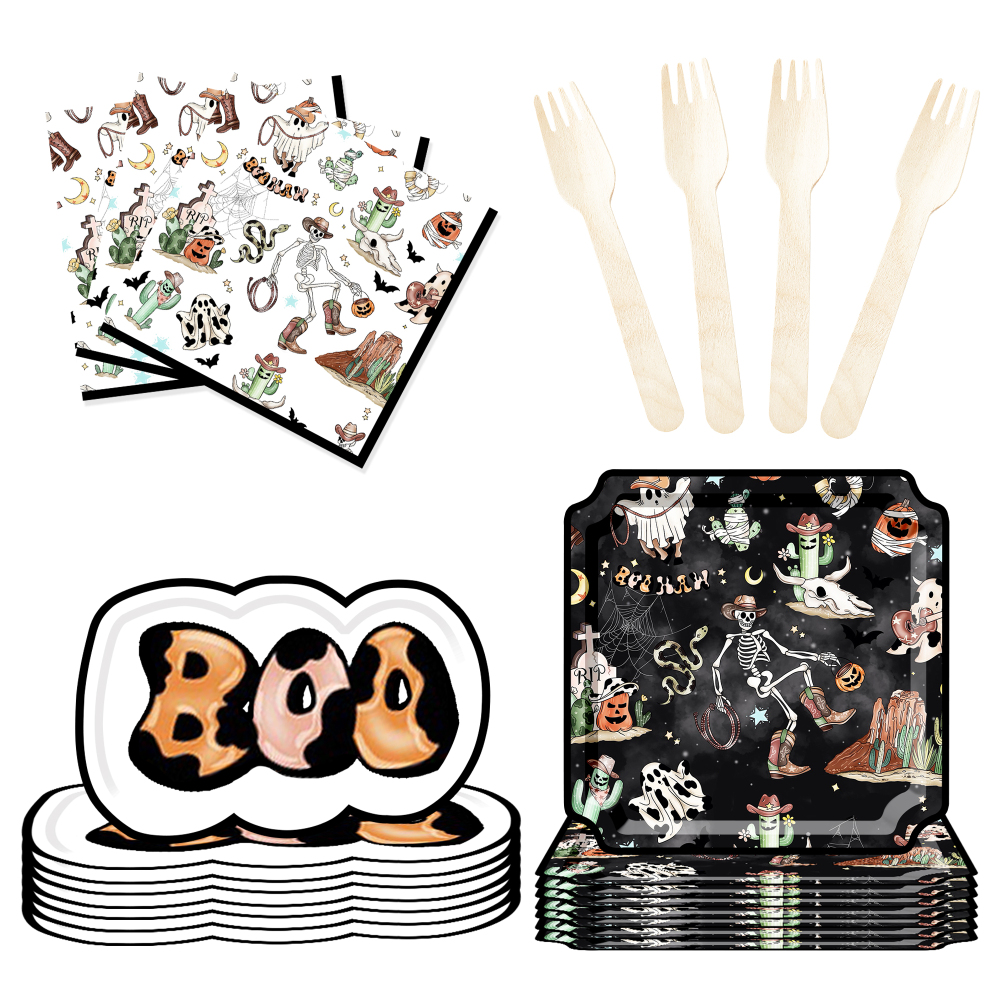 DAMAI New Style Denim-themed Skull Square Paper Plate and Cup Set for Halloween Party Supply