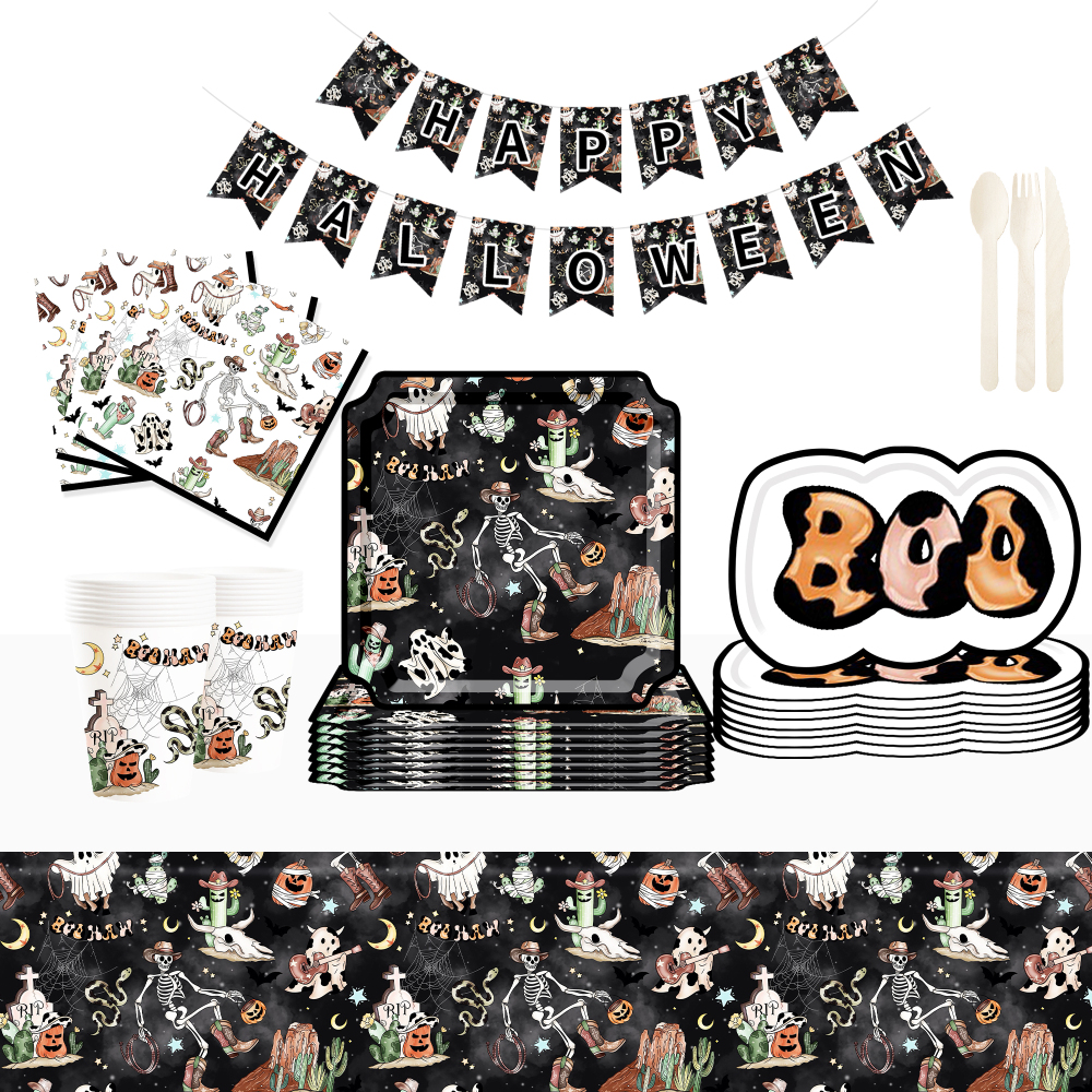 DAMAI New Style Denim-themed Skull Square Paper Plate and Cup Set for Halloween Party Supply