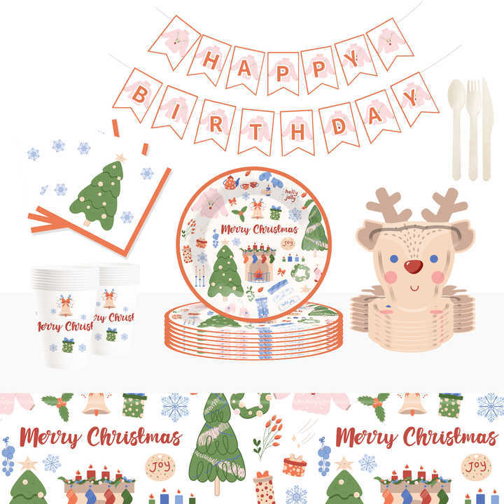 DAMAI New Deer and Christmas Tree Paper Plate and Cup Set for Disposable Paper Plates and Cups for Christmas Party Supply