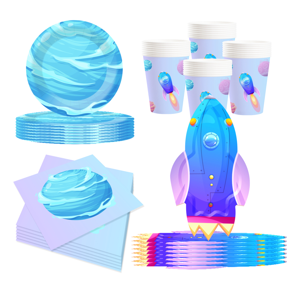 DAMAI Space Birthday Party Supplies Space Theme Paper Plates Cups Napkins Set Disposable Galaxy Party Decorations for 8 Guests