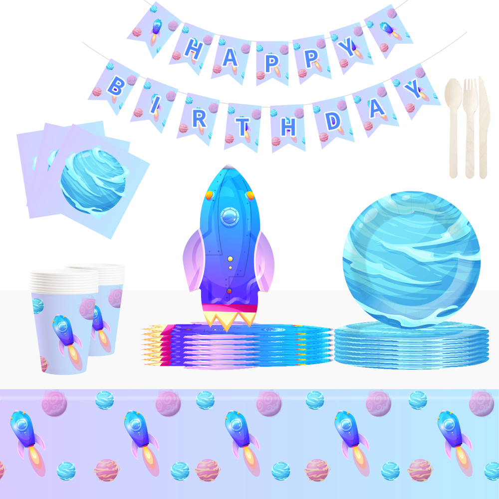 DAMAI Space Birthday Party Supplies Space Theme Paper Plates Cups Napkins Set Disposable Galaxy Party Decorations for 8 Guests