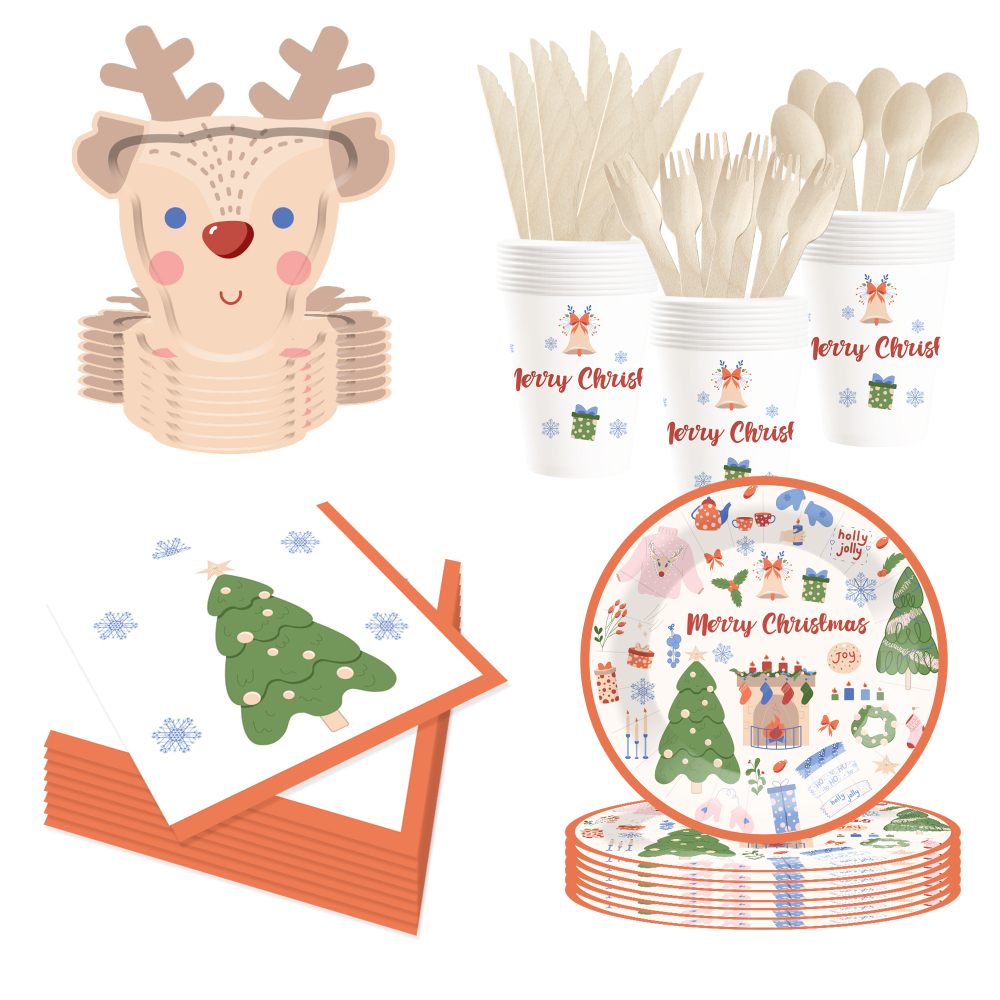 DAMAI New Deer and Christmas Tree Paper Plate and Cup Set for Disposable Paper Plates and Cups for Christmas Party Supply