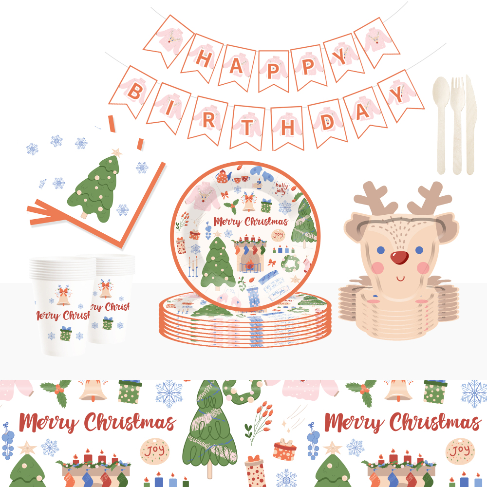 DAMAI New Deer and Christmas Tree Paper Plate and Cup Set for Disposable Paper Plates and Cups for Christmas Party Supply