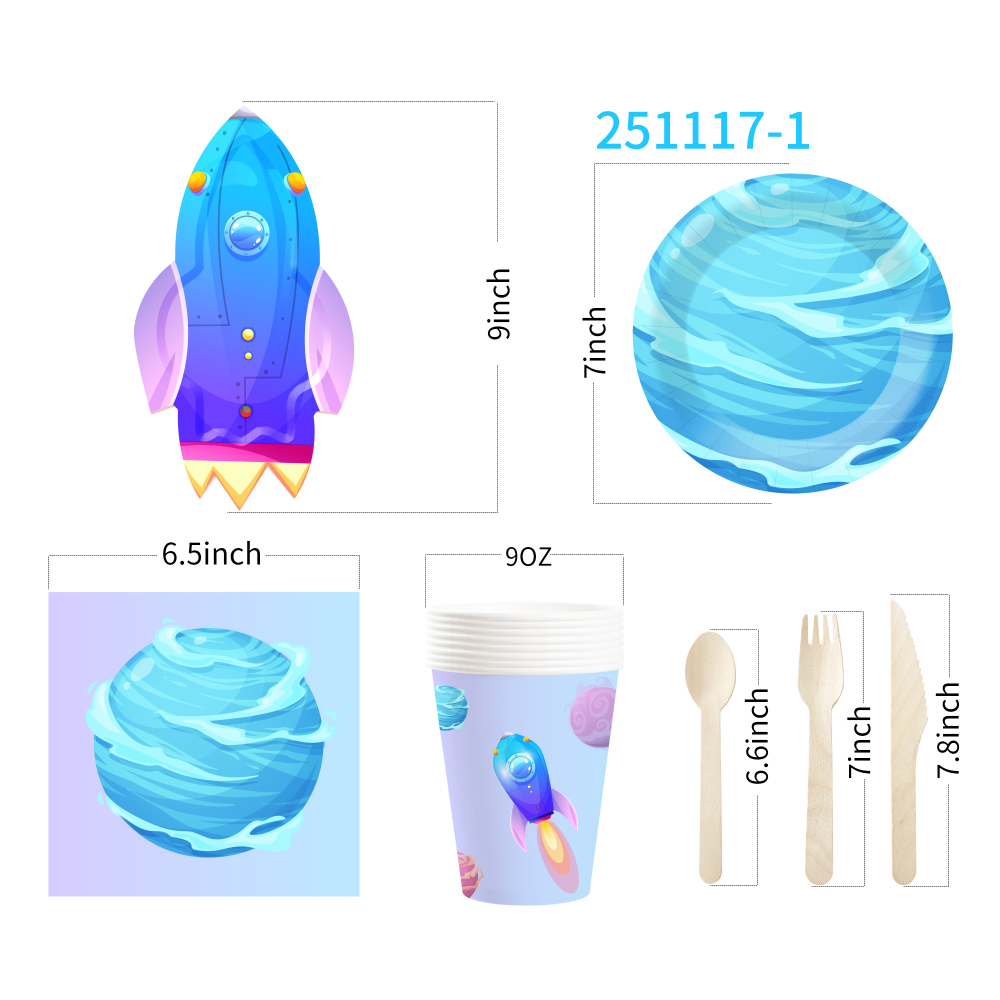 DAMAI Space Birthday Party Supplies Space Theme Paper Plates Cups Napkins Set Disposable Galaxy Party Decorations for 8 Guests