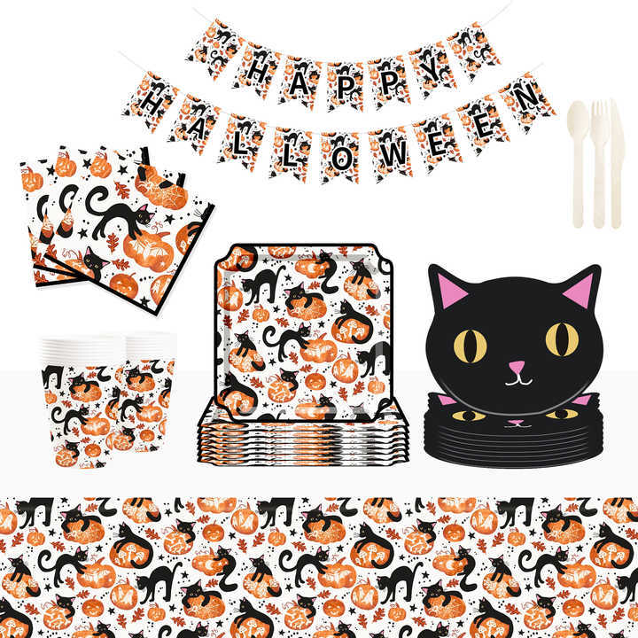 DAMAI New Black cat and Pumpkin Paper Plate Theme Disposable Paper Plates and Cups for Halloween Party Supply