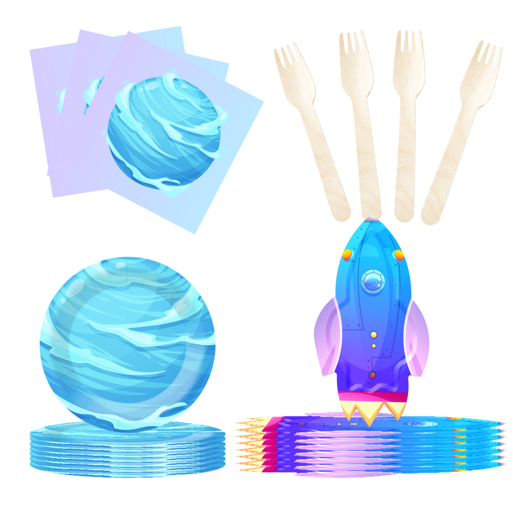 DAMAI Space Birthday Party Supplies Space Theme Paper Plates Cups Napkins Set Disposable Galaxy Party Decorations for 8 Guests