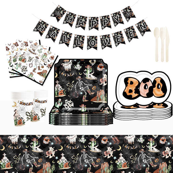 DAMAI New Style Denim-themed Skull Square Paper Plate and Cup Set for Halloween Party Supply