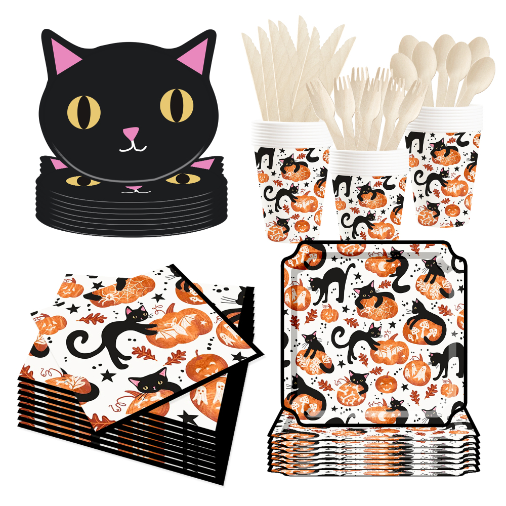DAMAI New Black cat and Pumpkin Paper Plate Theme Disposable Paper Plates and Cups for Halloween Party Supply