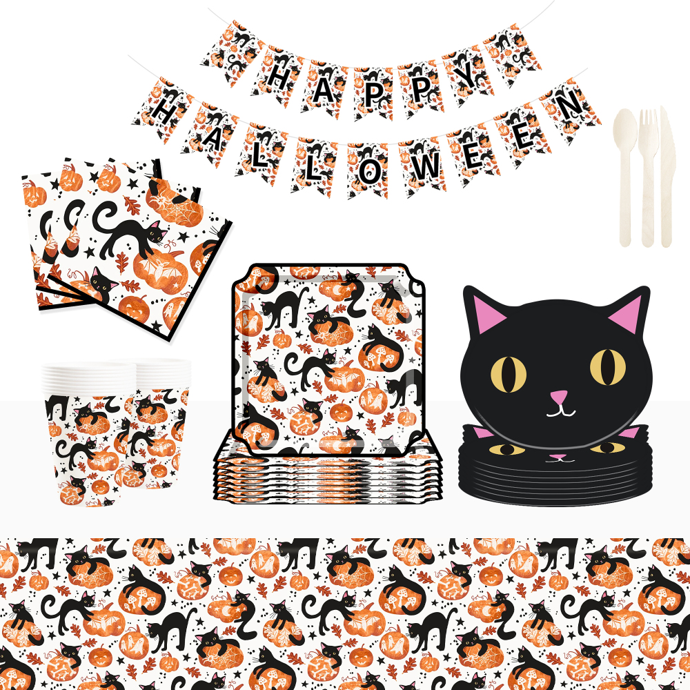 DAMAI New Black cat and Pumpkin Paper Plate Theme Disposable Paper Plates and Cups for Halloween Party Supply