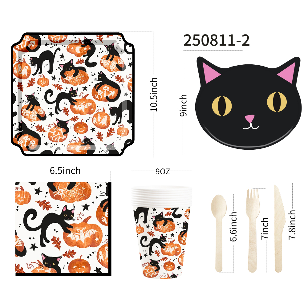 DAMAI New Black cat and Pumpkin Paper Plate Theme Disposable Paper Plates and Cups for Halloween Party Supply