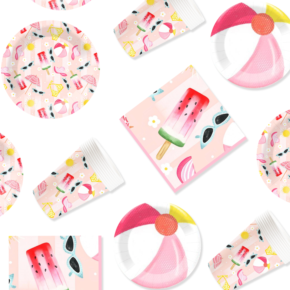 DAMAI New Customized Design Summer Theme Disposable Dessert Dinner Paper Plates Cups Napkin with Ice-cream Tableware Set