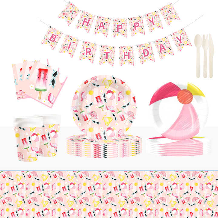 DAMAI New Customized Design Summer Theme Disposable Dessert Dinner Paper Plates Cups Napkin with Ice-cream Tableware Set
