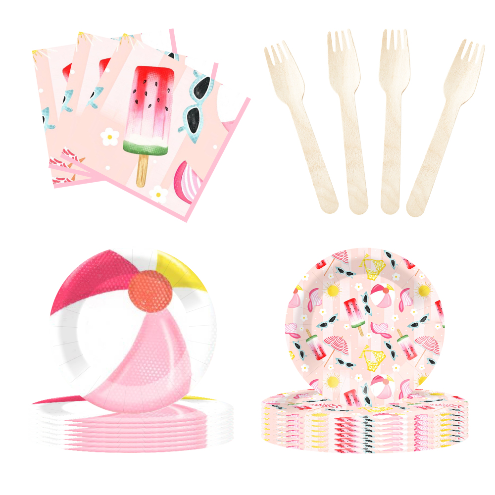 DAMAI New Customized Design Summer Theme Disposable Dessert Dinner Paper Plates Cups Napkin with Ice-cream Tableware Set