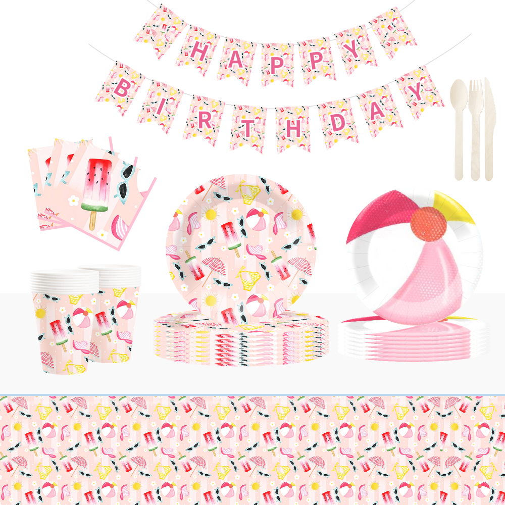 DAMAI New Customized Design Summer Theme Disposable Dessert Dinner Paper Plates Cups Napkin with Ice-cream Tableware Set