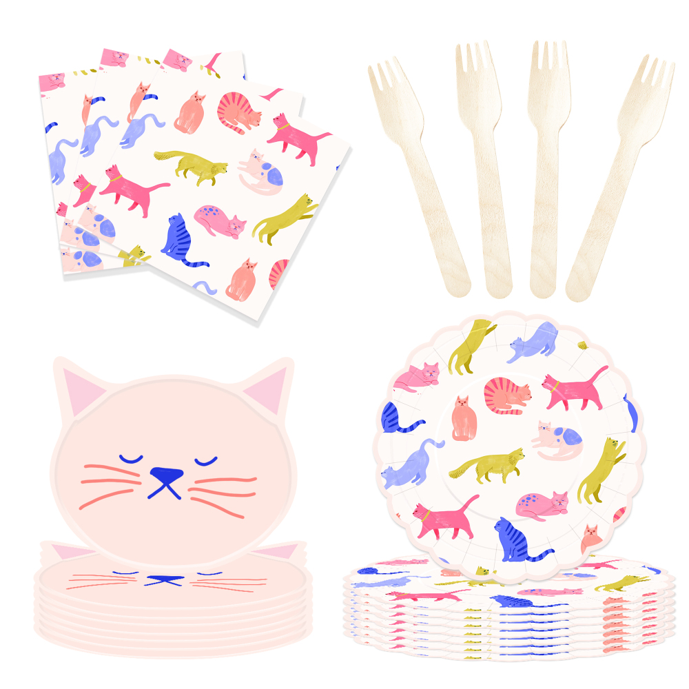 DAMAI Pink Cute Cat Theme Birthday Party Tableware Set Include cat Model Paper Plate and Cup for Cats Party Table Decorations