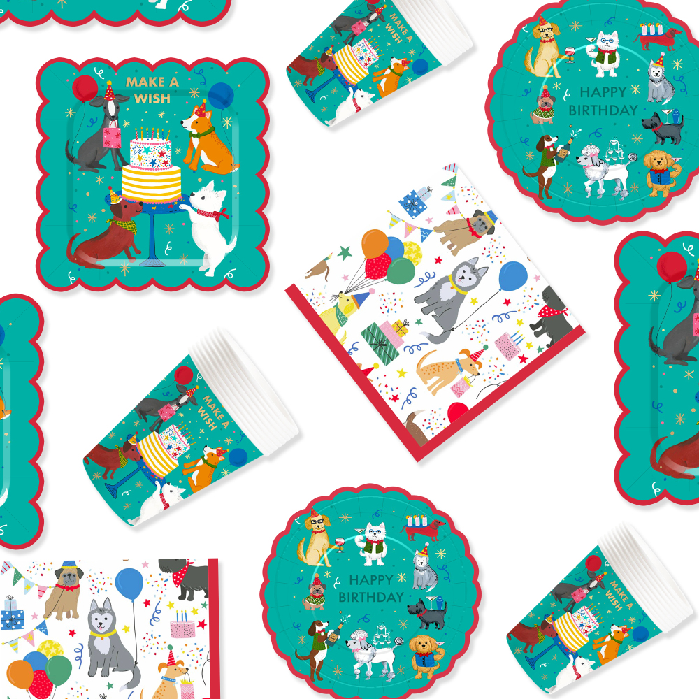 DAMAI Green Pet Theme Birthday Party Tableware Set Include Disposable Paper Plate and Cup for Pets Party Table Decorations
