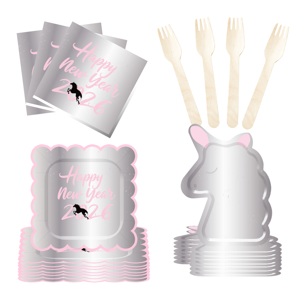 DAMAI Customized pink Silver 2026 New Year Paper Plate Set Include unicorn Model Paper Plate and Cup for New Year Party