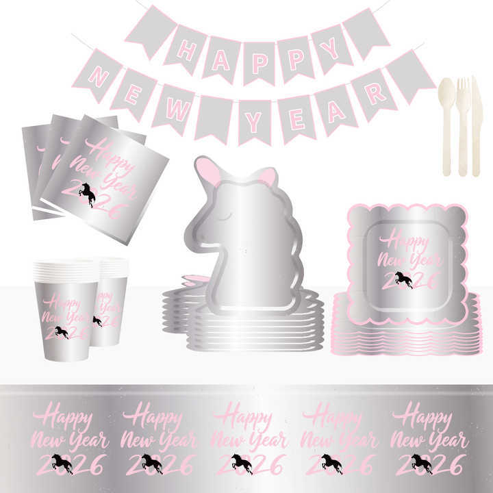 DAMAI Customized pink Silver 2026 New Year Paper Plate Set Include unicorn Model Paper Plate and Cup for New Year Party