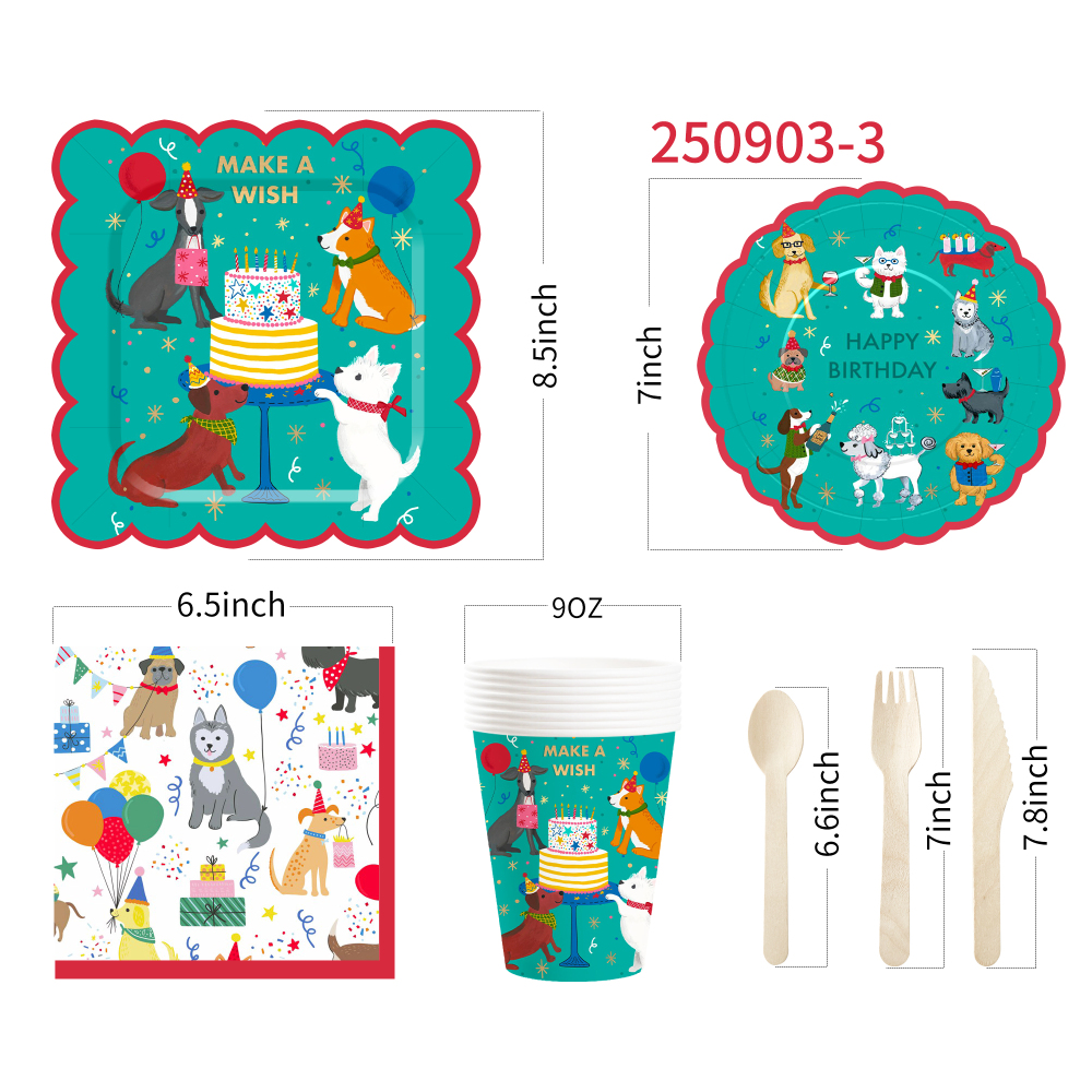 DAMAI Green Pet Theme Birthday Party Tableware Set Include Disposable Paper Plate and Cup for Pets Party Table Decorations