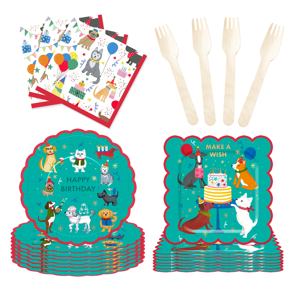DAMAI Green Pet Theme Birthday Party Tableware Set Include Disposable Paper Plate and Cup for Pets Party Table Decorations
