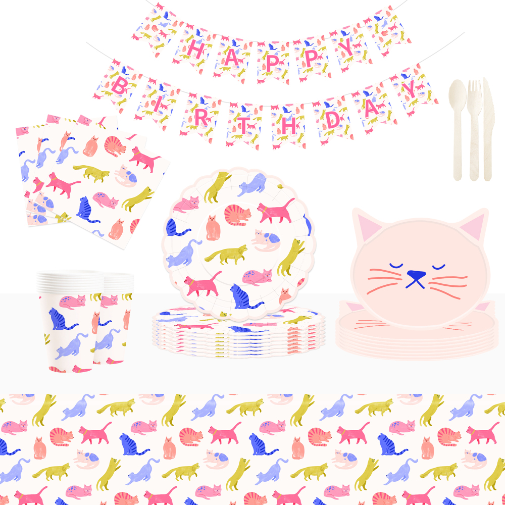 DAMAI Pink Cute Cat Theme Birthday Party Tableware Set Include cat Model Paper Plate and Cup for Cats Party Table Decorations