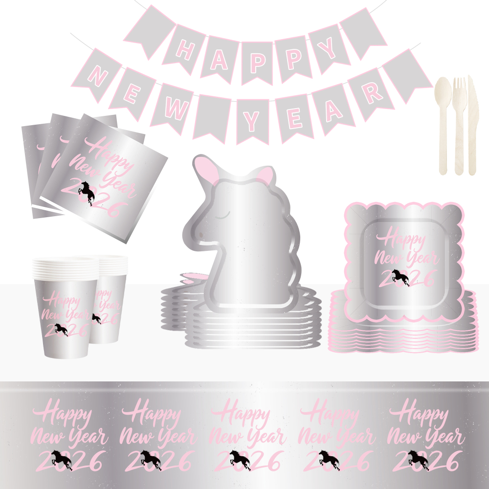 DAMAI Customized pink Silver 2026 New Year Paper Plate Set Include unicorn Model Paper Plate and Cup for New Year Party