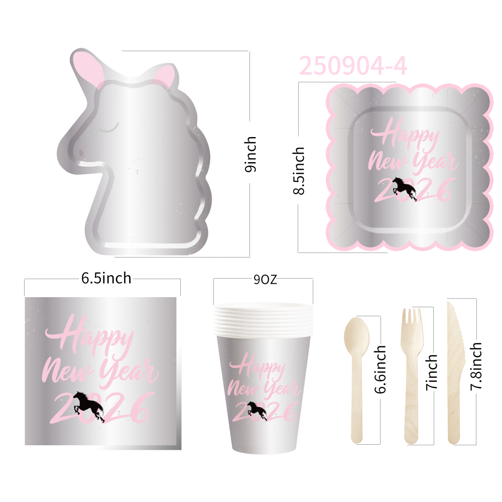 DAMAI Customized pink Silver 2026 New Year Paper Plate Set Include unicorn Model Paper Plate and Cup for New Year Party