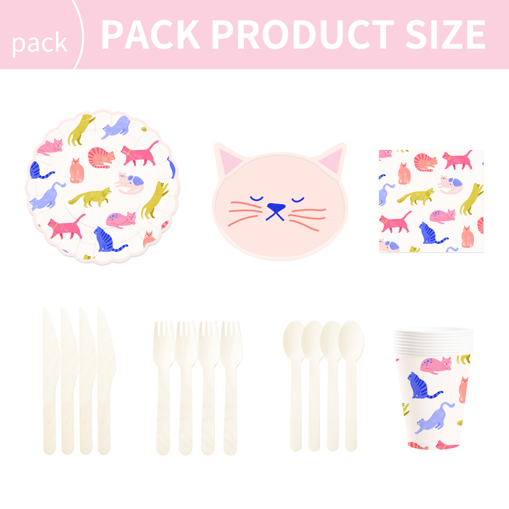 DAMAI Pink Cute Cat Theme Birthday Party Tableware Set Include cat Model Paper Plate and Cup for Cats Party Table Decorations