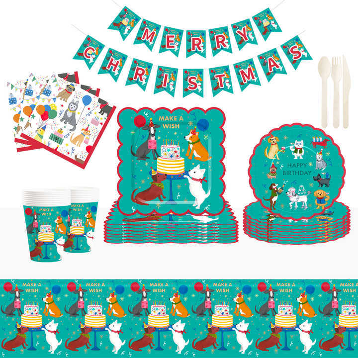 DAMAI Green Pet Theme Birthday Party Tableware Set Include Disposable Paper Plate and Cup for Pets Party Table Decorations
