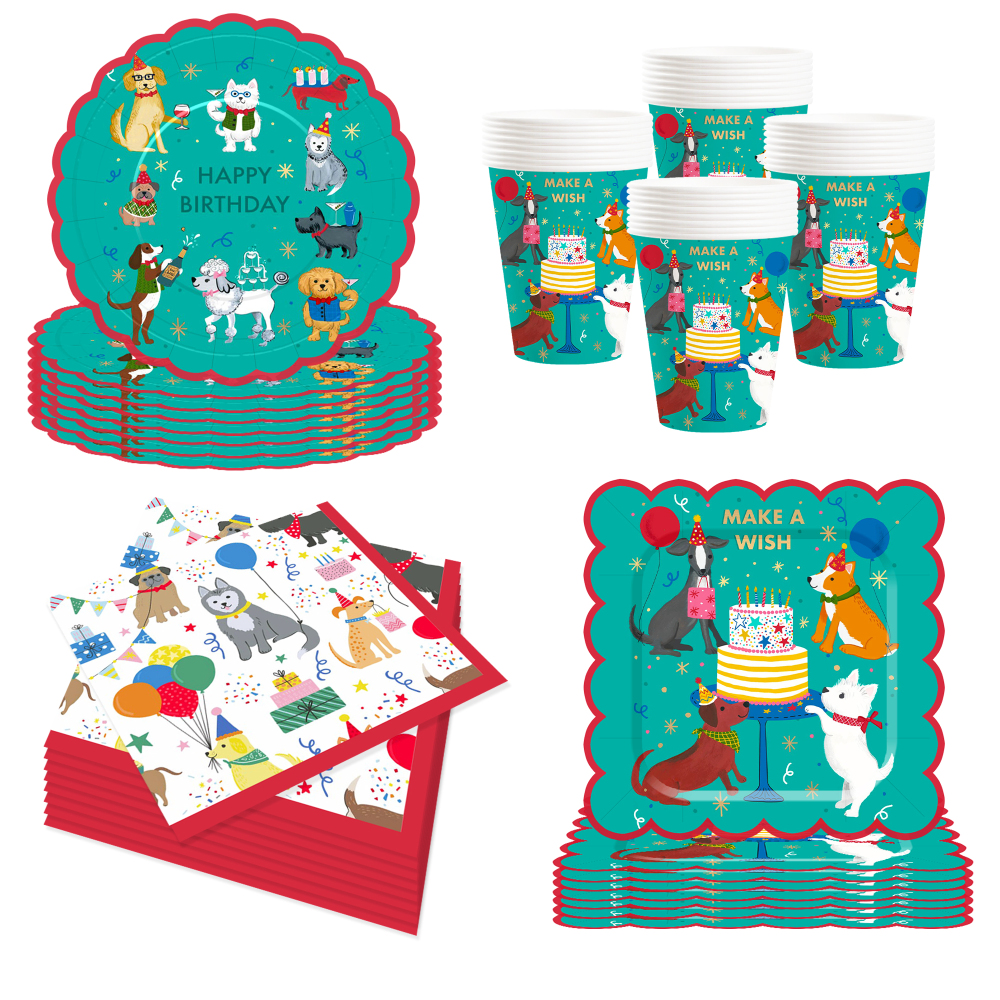 DAMAI Green Pet Theme Birthday Party Tableware Set Include Disposable Paper Plate and Cup for Pets Party Table Decorations