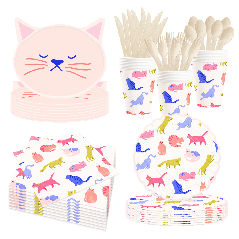 DAMAI Pink Cute Cat Theme Birthday Party Tableware Set Include cat Model Paper Plate and Cup for Cats Party Table Decorations