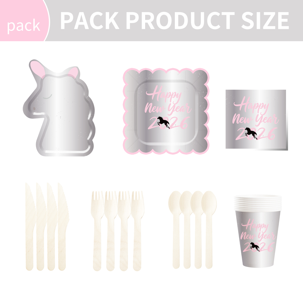 DAMAI Customized pink Silver 2026 New Year Paper Plate Set Include unicorn Model Paper Plate and Cup for New Year Party