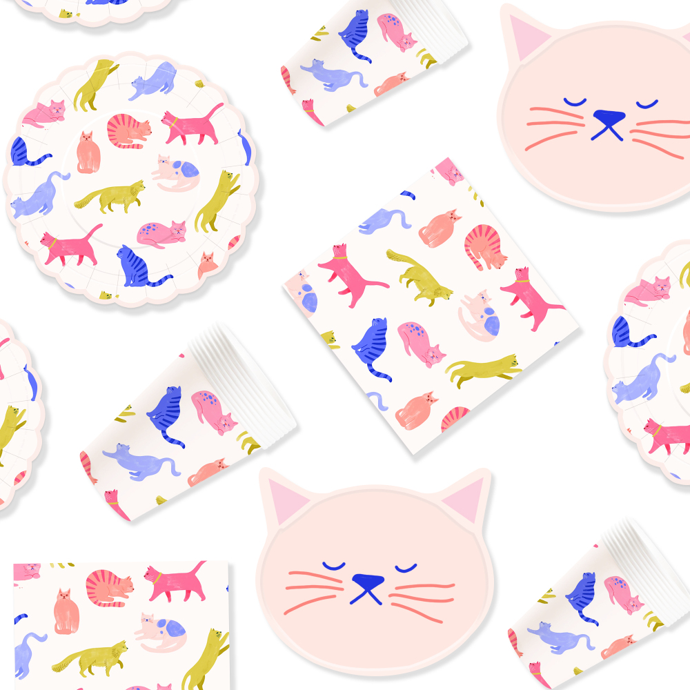 DAMAI Pink Cute Cat Theme Birthday Party Tableware Set Include cat Model Paper Plate and Cup for Cats Party Table Decorations