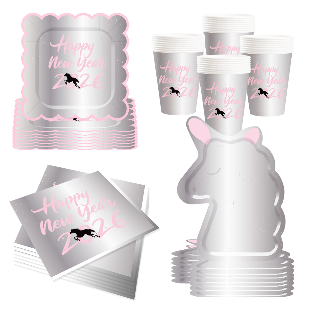 DAMAI Customized pink Silver 2026 New Year Paper Plate Set Include unicorn Model Paper Plate and Cup for New Year Party