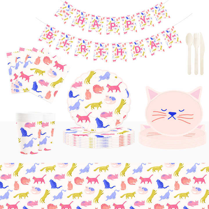 DAMAI Pink Cute Cat Theme Birthday Party Tableware Set Include cat Model Paper Plate and Cup for Cats Party Table Decorations