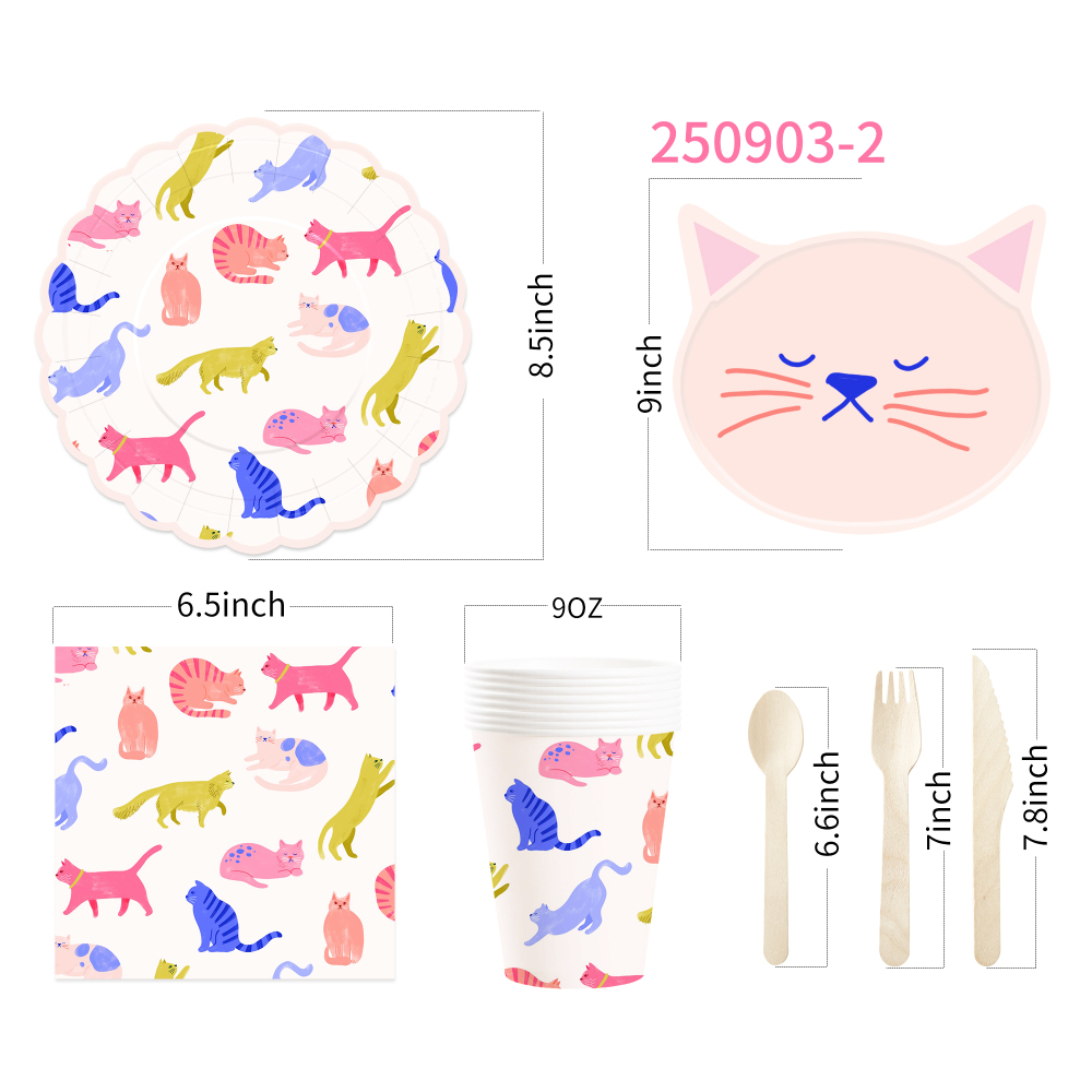 DAMAI Pink Cute Cat Theme Birthday Party Tableware Set Include cat Model Paper Plate and Cup for Cats Party Table Decorations