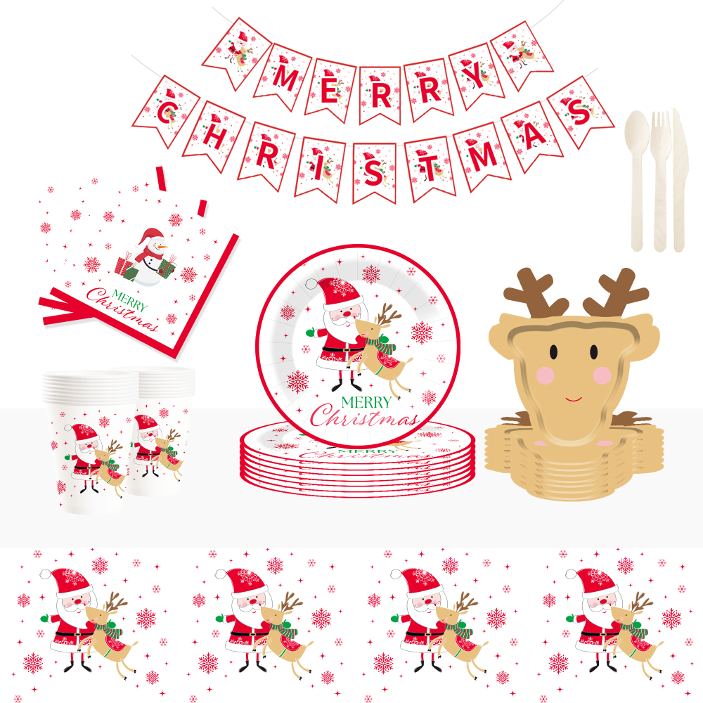 DAMAI Christmas Party Supplies Santa Claus and Reindeer Paper Plates Napkins Xmas Gnome Party Tableware Set Decorations