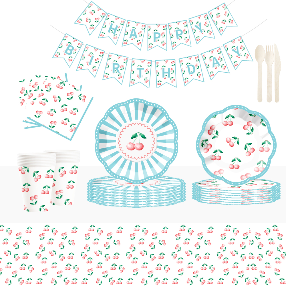 DAMAI New Customized Design Fruit Theme Blue Disposable Dessert Dinner Paper Plates Cups Napkin with Cherry Tableware Set