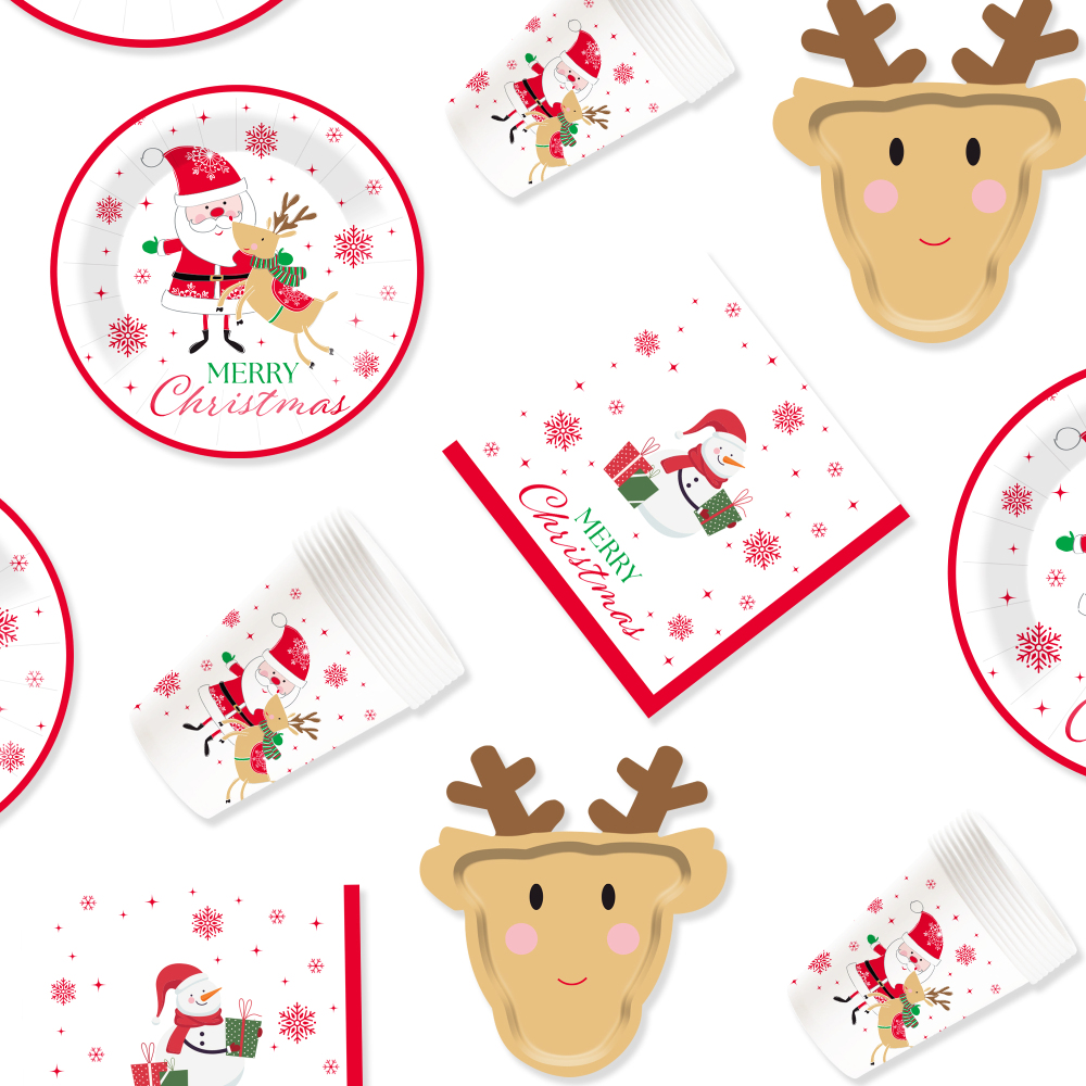 DAMAI Christmas Party Supplies Santa Claus and Reindeer Paper Plates Napkins Xmas Gnome Party Tableware Set Decorations