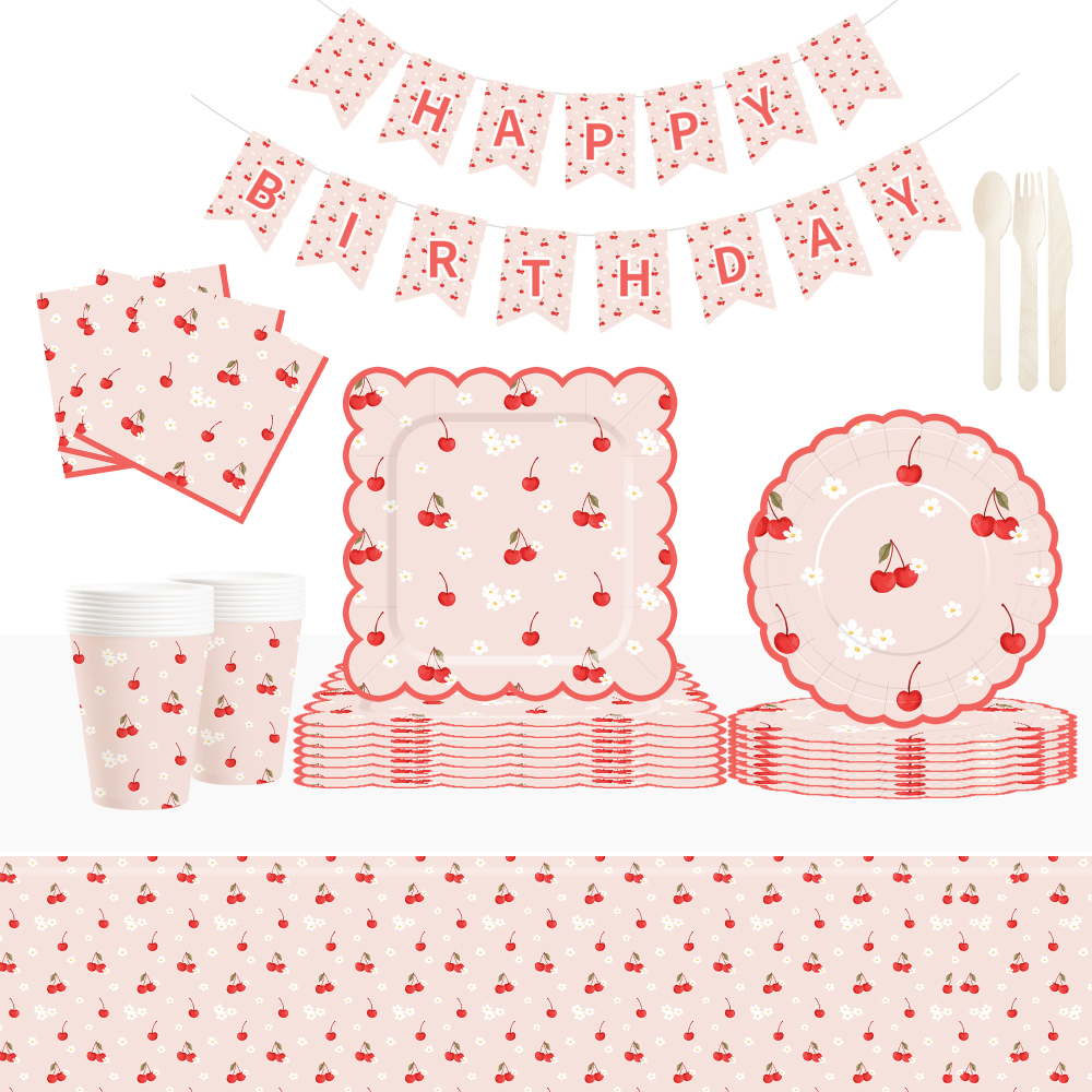 DAMAI New Customized Design Fruit Theme Pink Disposable Dessert Dinner Paper Plates Cups Napkin with Cherry Tableware Set
