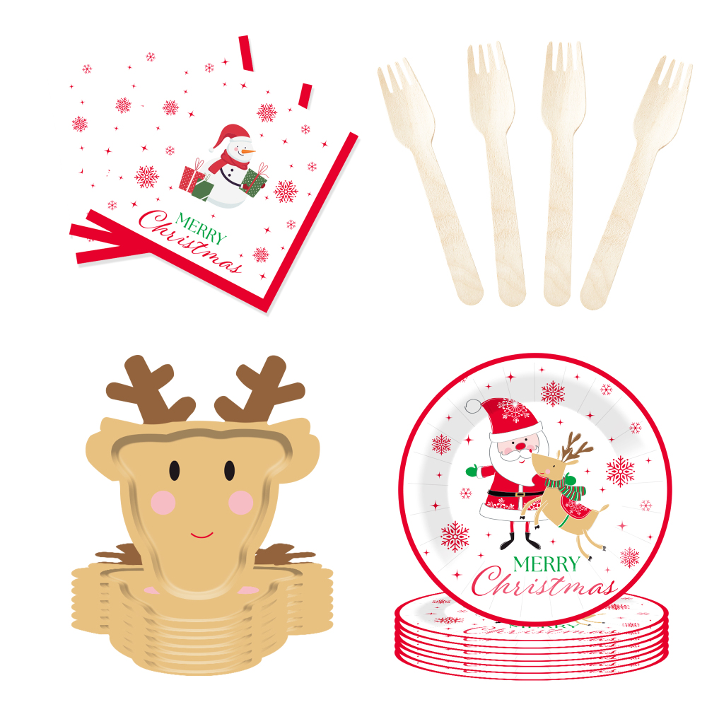 DAMAI Christmas Party Supplies Santa Claus and Reindeer Paper Plates Napkins Xmas Gnome Party Tableware Set Decorations