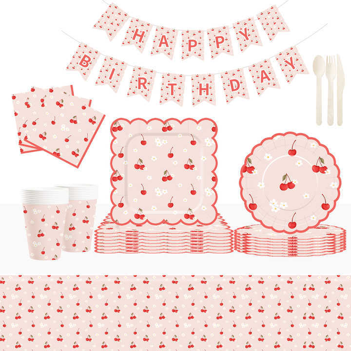 DAMAI New Customized Design Fruit Theme Pink Disposable Dessert Dinner Paper Plates Cups Napkin with Cherry Tableware Set