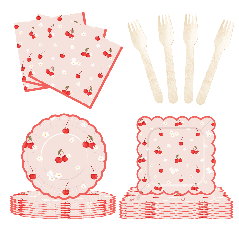 DAMAI New Customized Design Fruit Theme Pink Disposable Dessert Dinner Paper Plates Cups Napkin with Cherry Tableware Set
