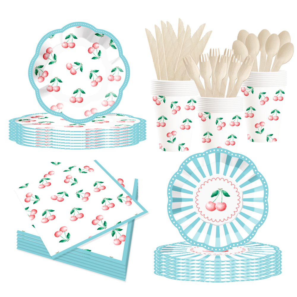 DAMAI New Customized Design Fruit Theme Blue Disposable Dessert Dinner Paper Plates Cups Napkin with Cherry Tableware Set